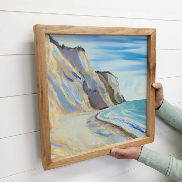 Seaside Cliffs Painting Small Canvas with Natural Oak Frame