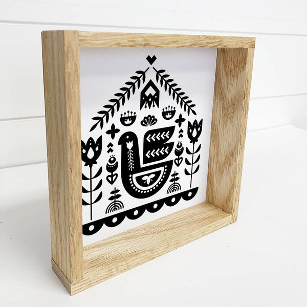 Folk Art- Black and White Bird House- Small Canvas and Frame