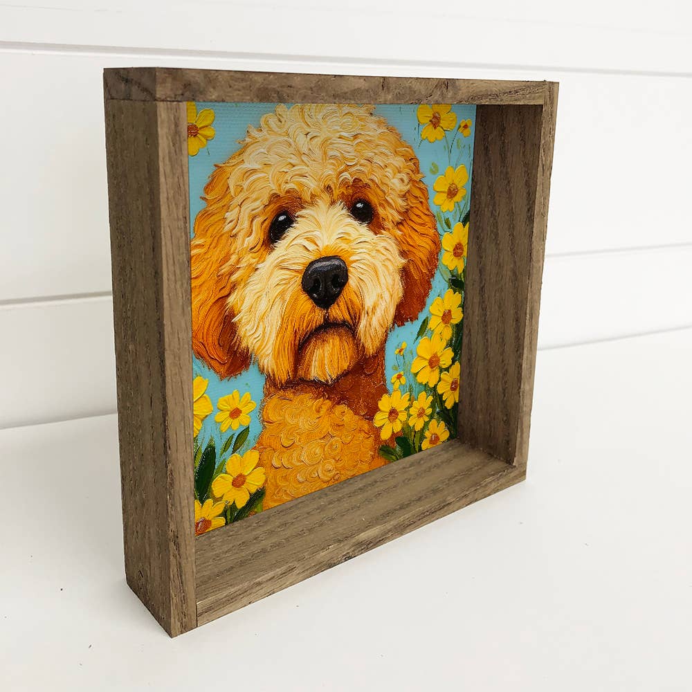 Golden Doodle Yellow Daisies - Dog and Flower Canvas Art