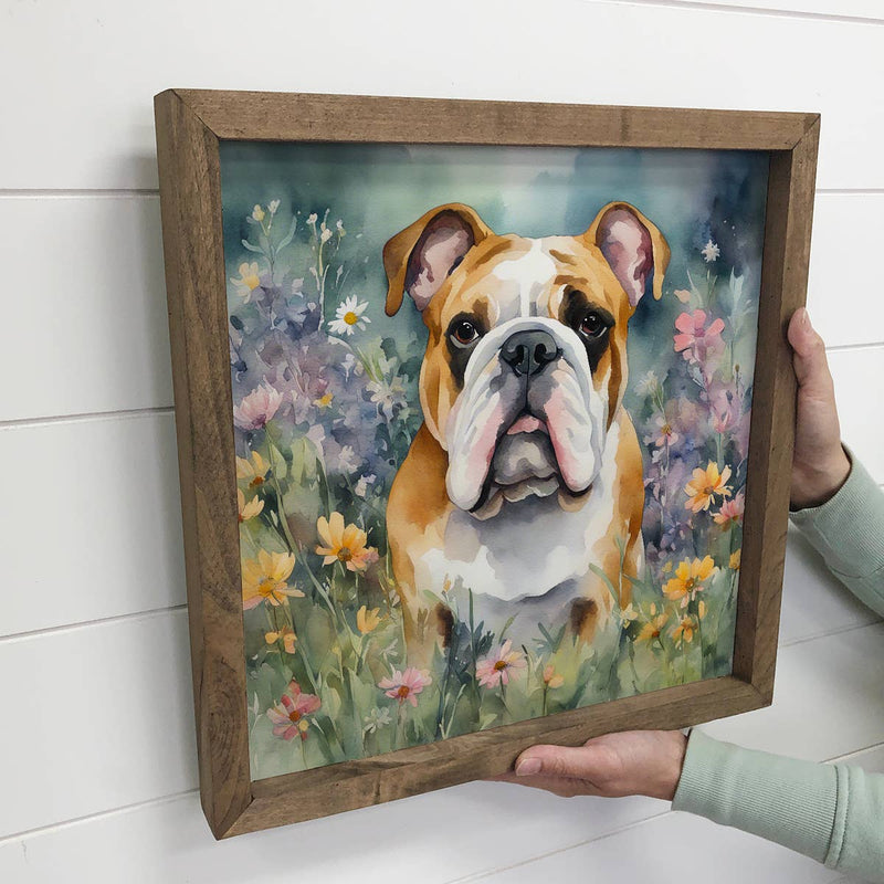 Wildflower Bulldog - Springtime Dog Canvas Art - Framed Art