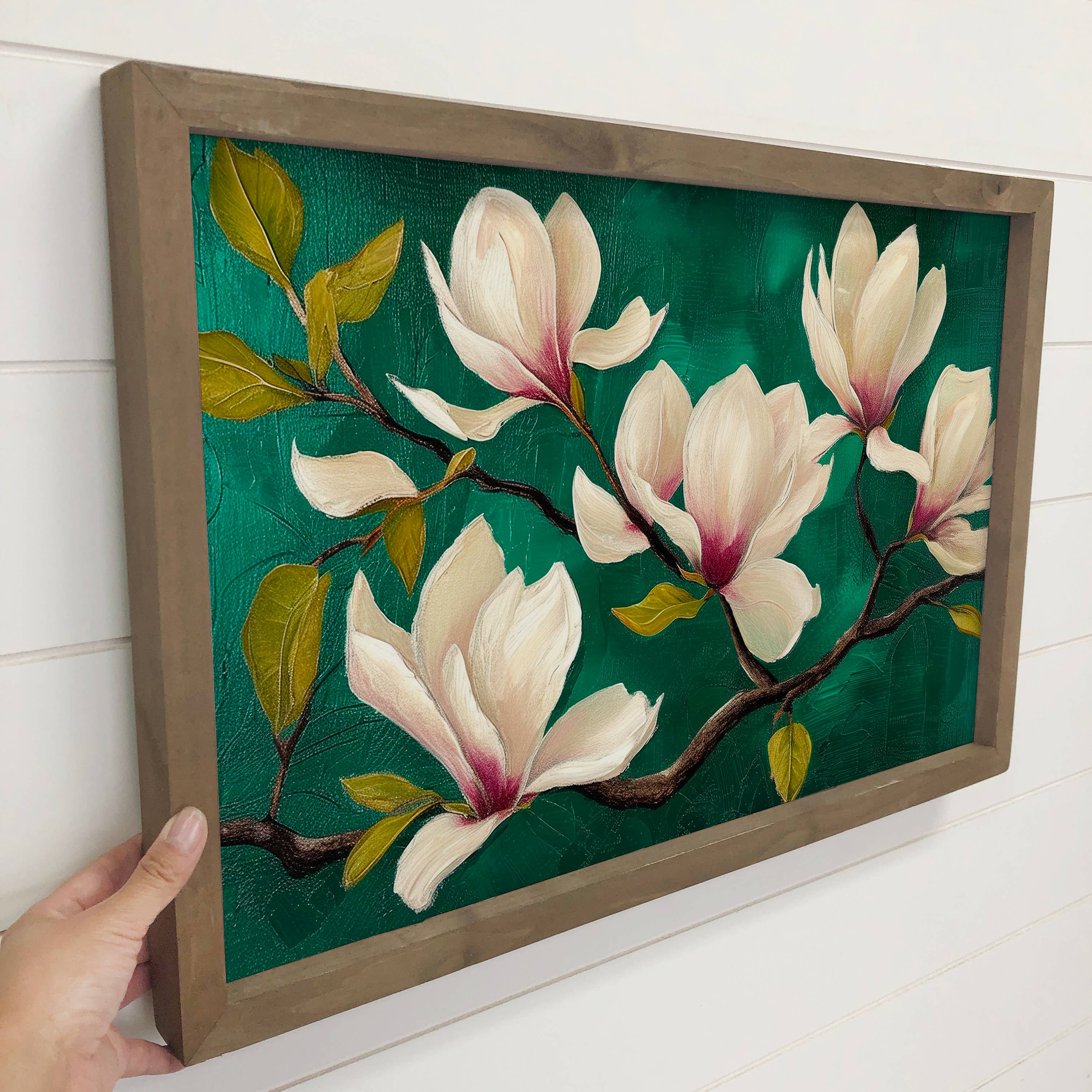 Magnolia Emerald Elegance - Flower Canvas Art - Wood Framed