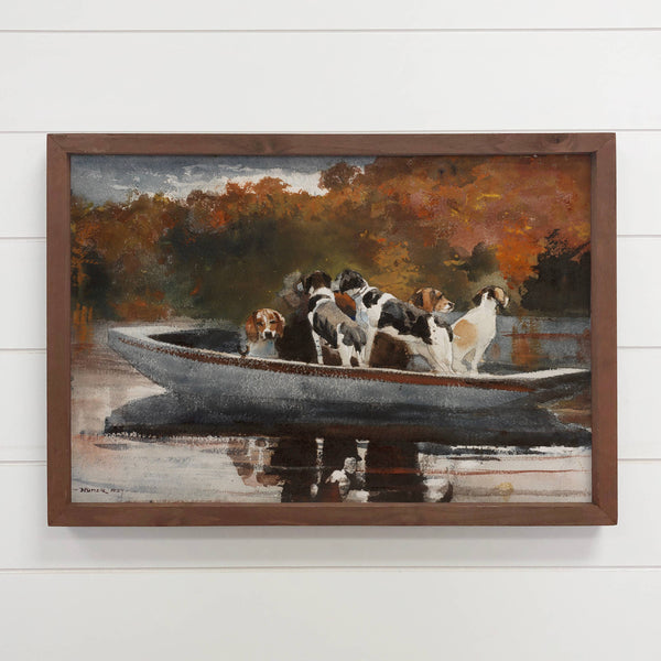 Hunting Dogs on a Boat - Dog canvas Wall Art - Wood Framed