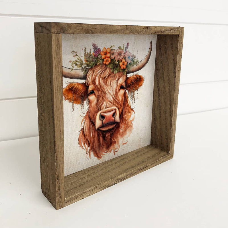 Floral Adorned Highland Cow - Framed Farmhouse Wall Art