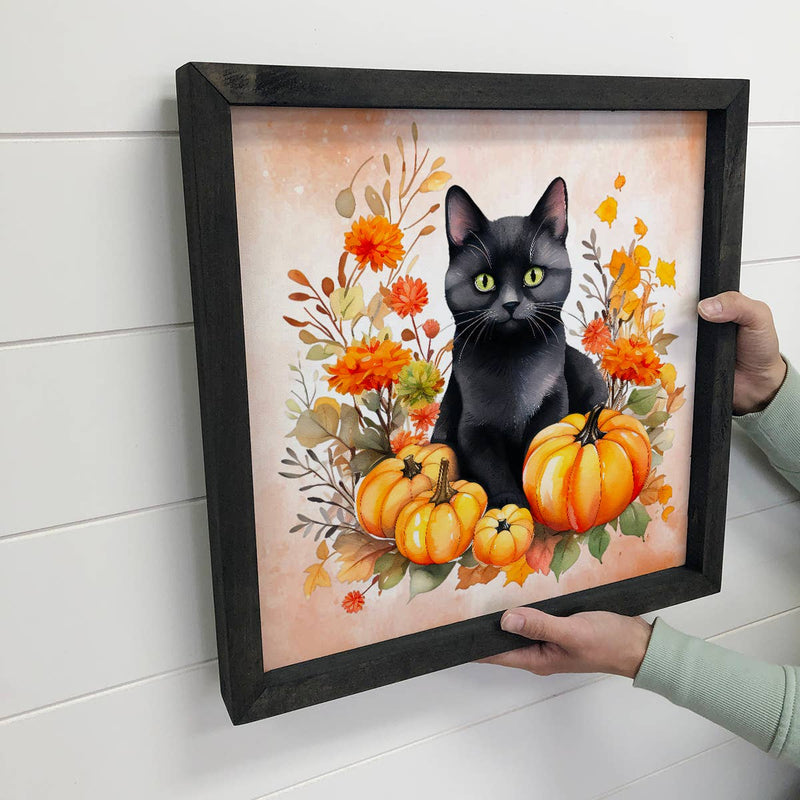 Black Cat  Fall Pumpkins - Fall Season Wall Art - Framed Art