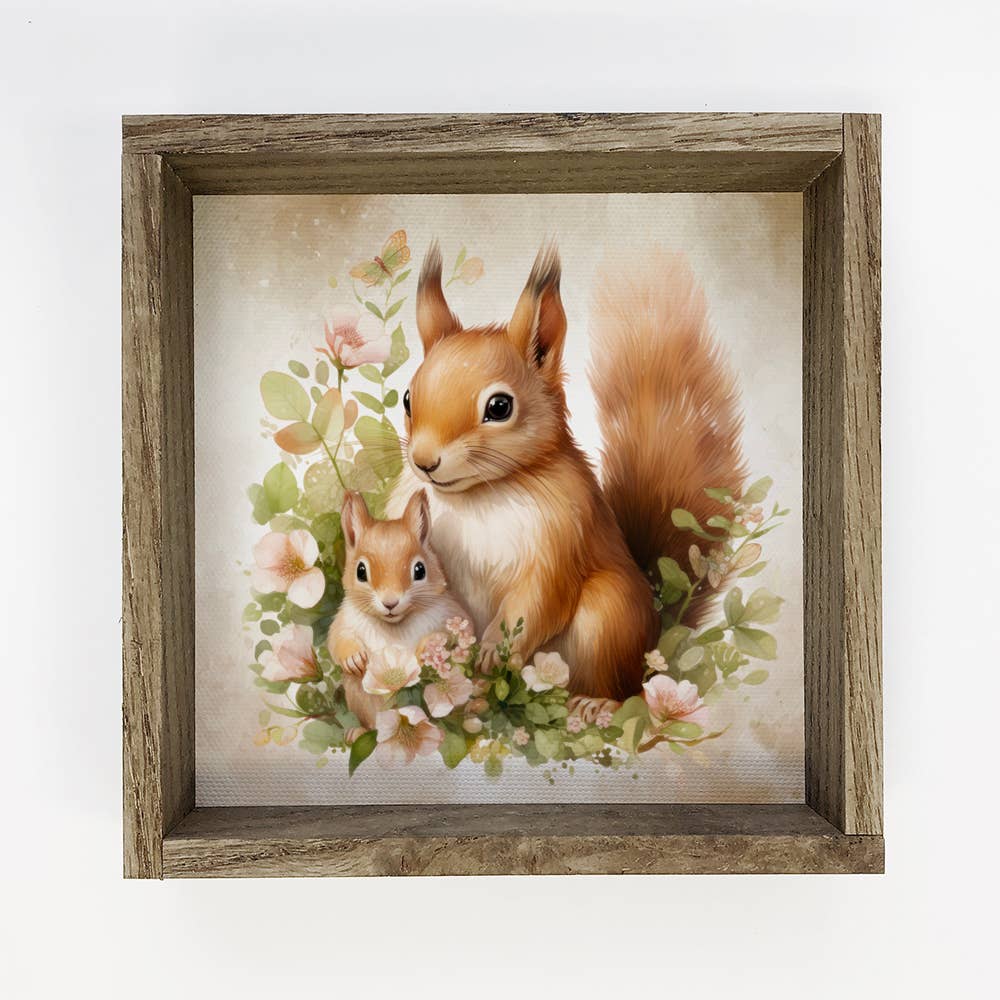 Mother Baby Squirrel Watercolor - Animal Canvas Art - Framed