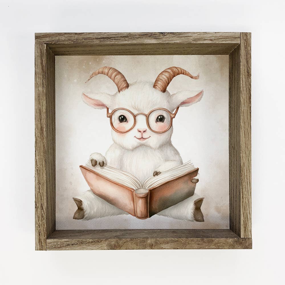 Goat Reading Book - Cute Goat Canvas Art - Wood Framed Art