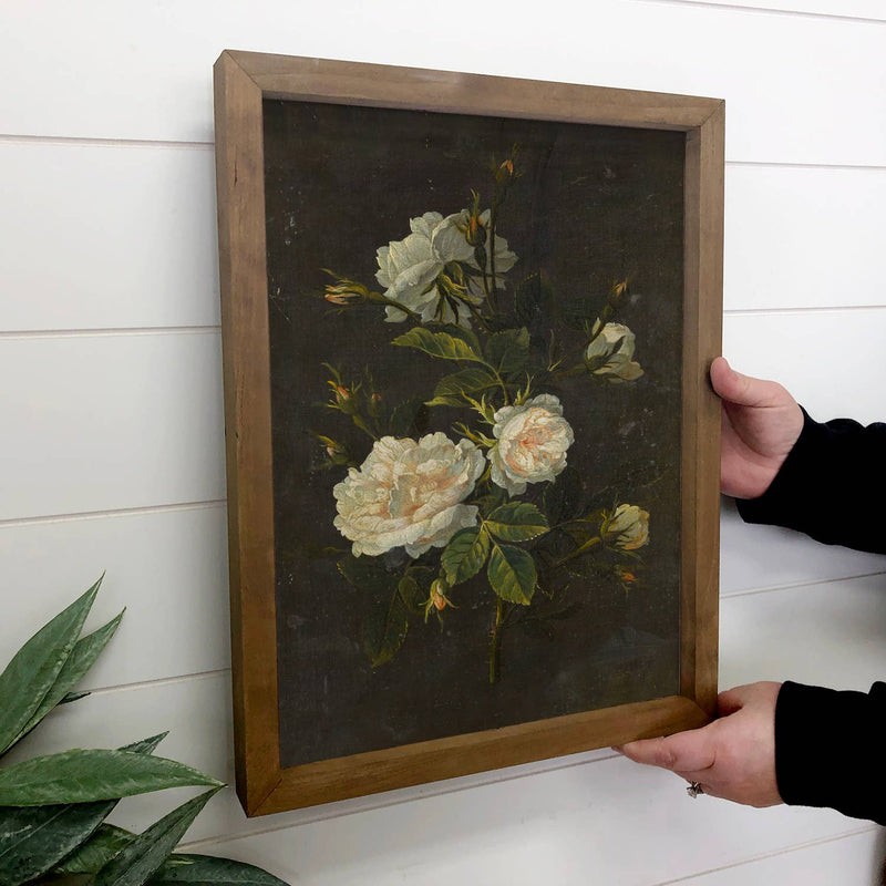 Dark Vintage Rose - Floral Canvas Art - Framed Farmhouse Art