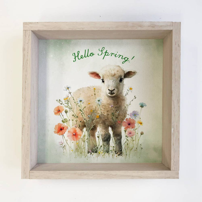 Hello Spring - Spring Time Lamb Canvas Art - Wood Framed