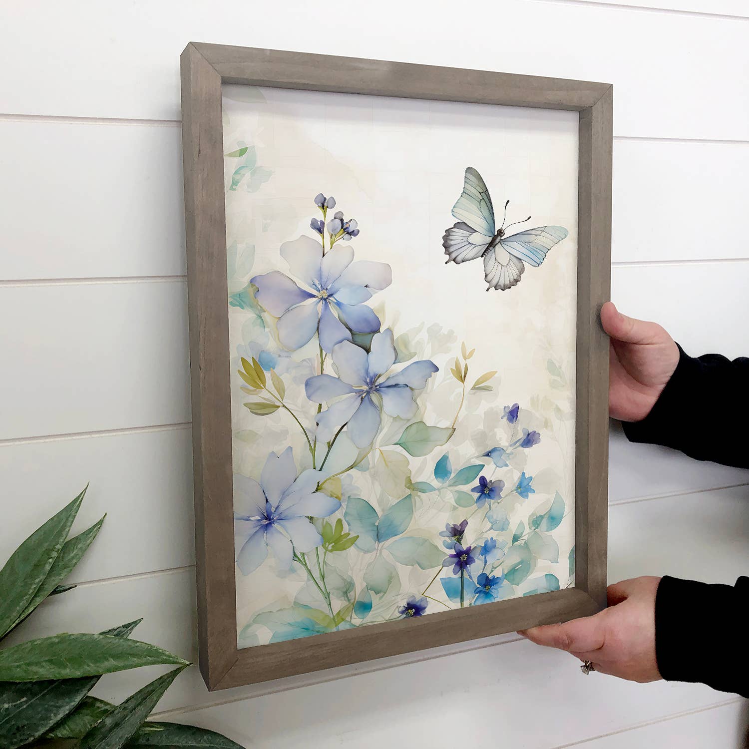 Blue Flowers and Butterfly - Nature Canvas Art - Wood Framed