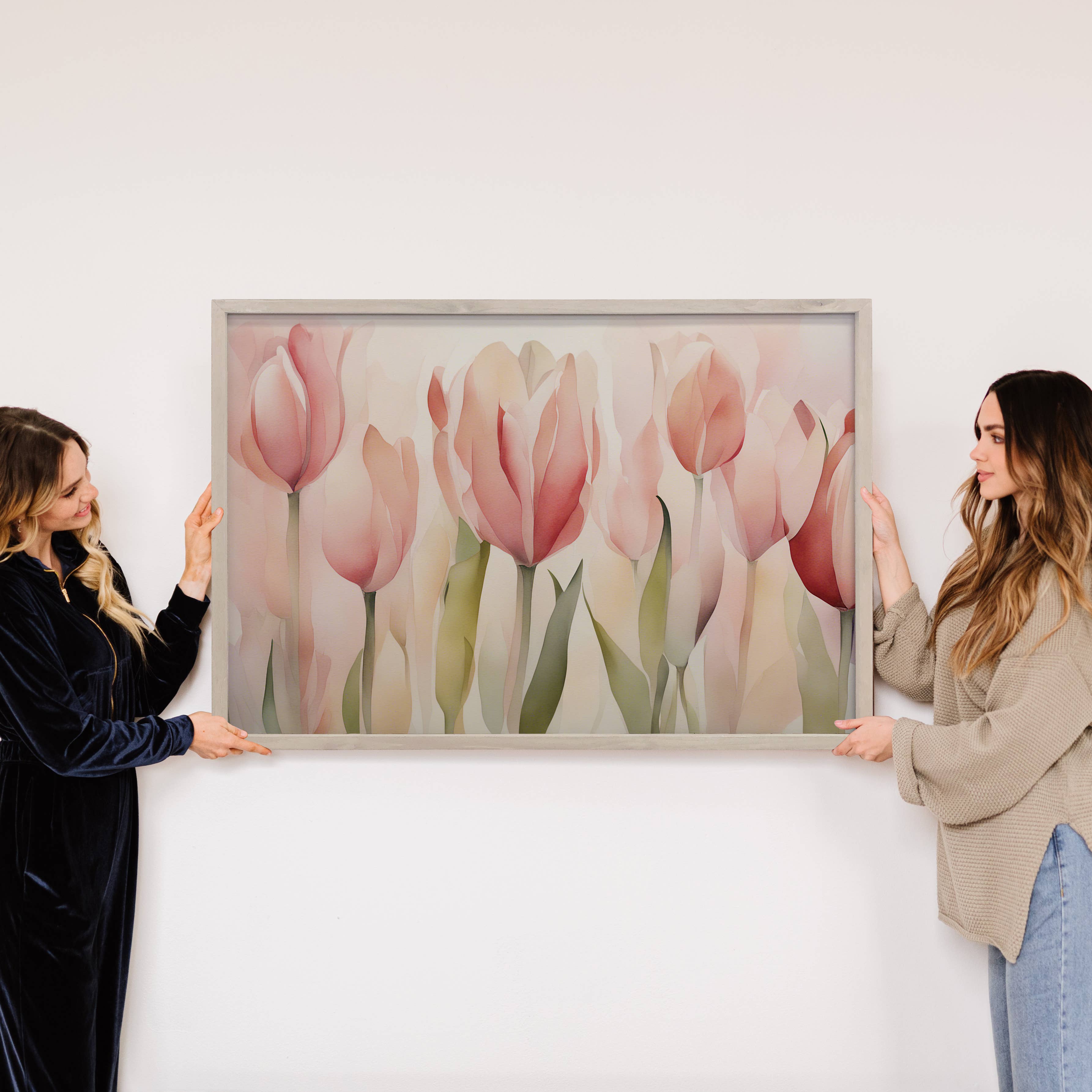 Soft Pink Tulips - Spring Flower Canvas Art - Wood Framed