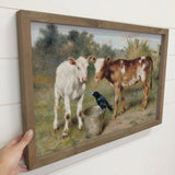 Calves and Black Bird - Farm Animal Canvas Art - Wood Framed