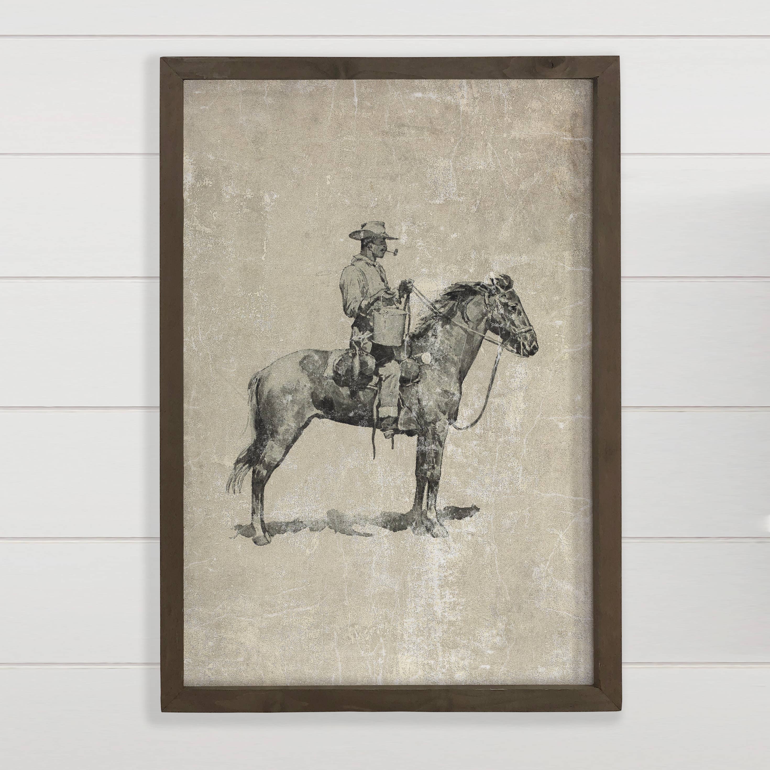 Cowboy  Smoke Break - Ranch House Wall Art - Wood Framed Art