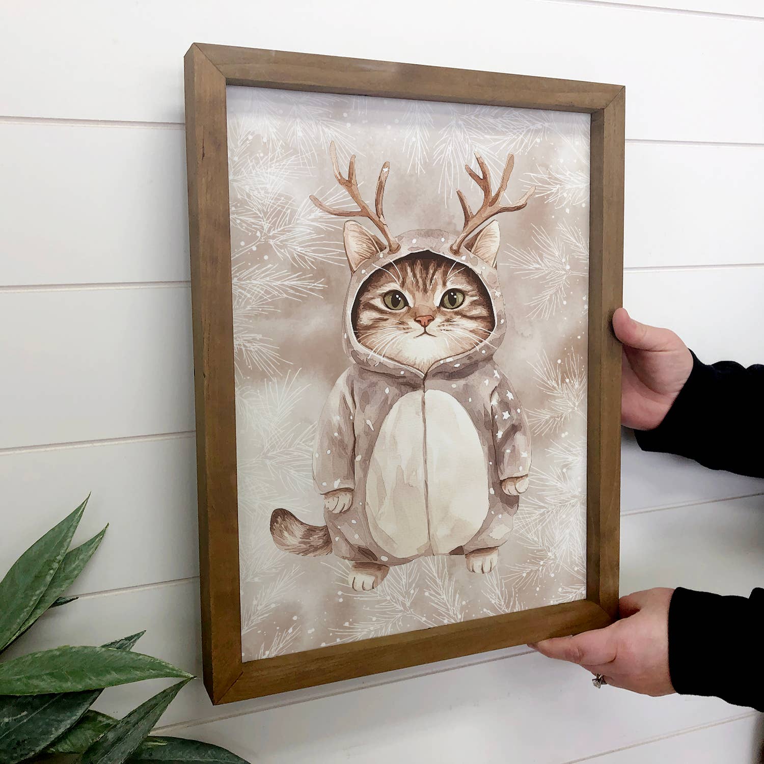 Cat Deer Snowsuit - Funny Winter Animal Canvas Art - Framed