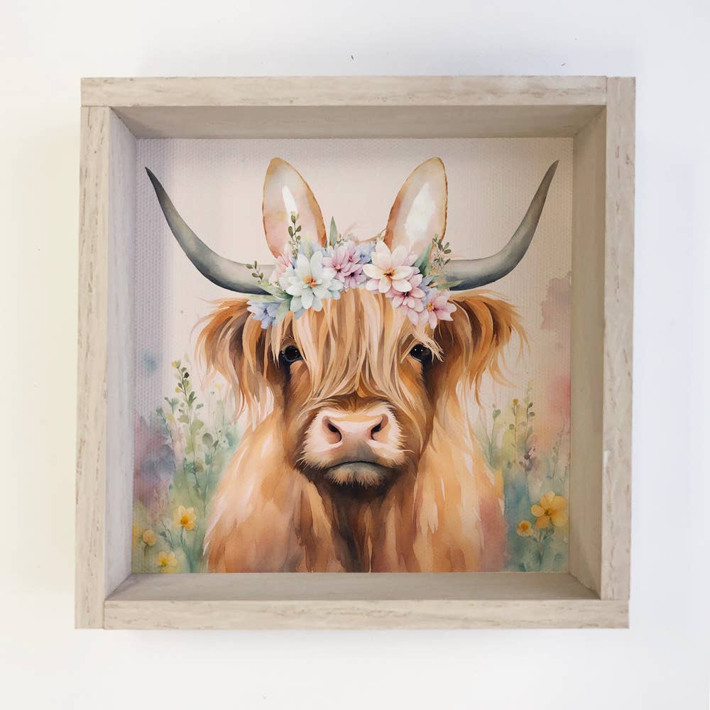 Highland Cow Bunny Ears - Springtime Highland Cow - Framed