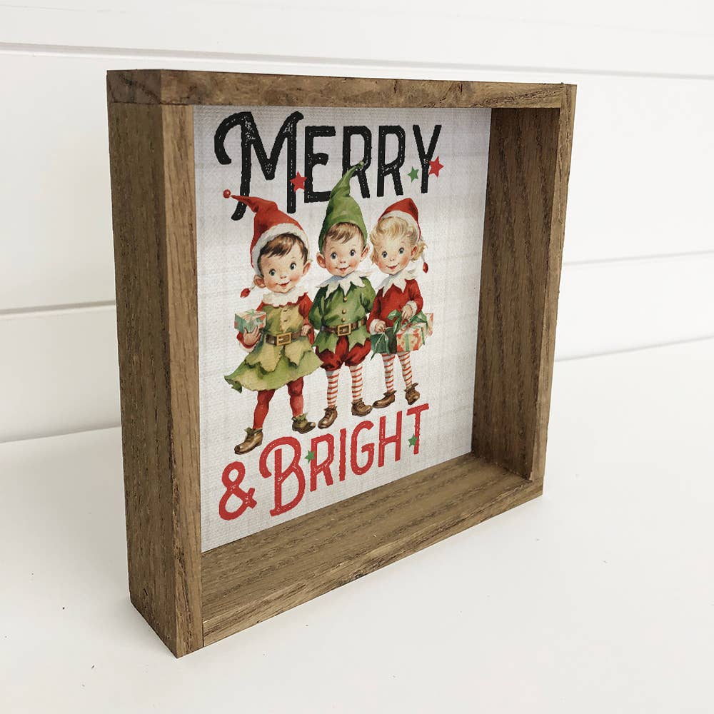 Merry & Bright - Cute Wood Framed Holiday Canvas Wall Art