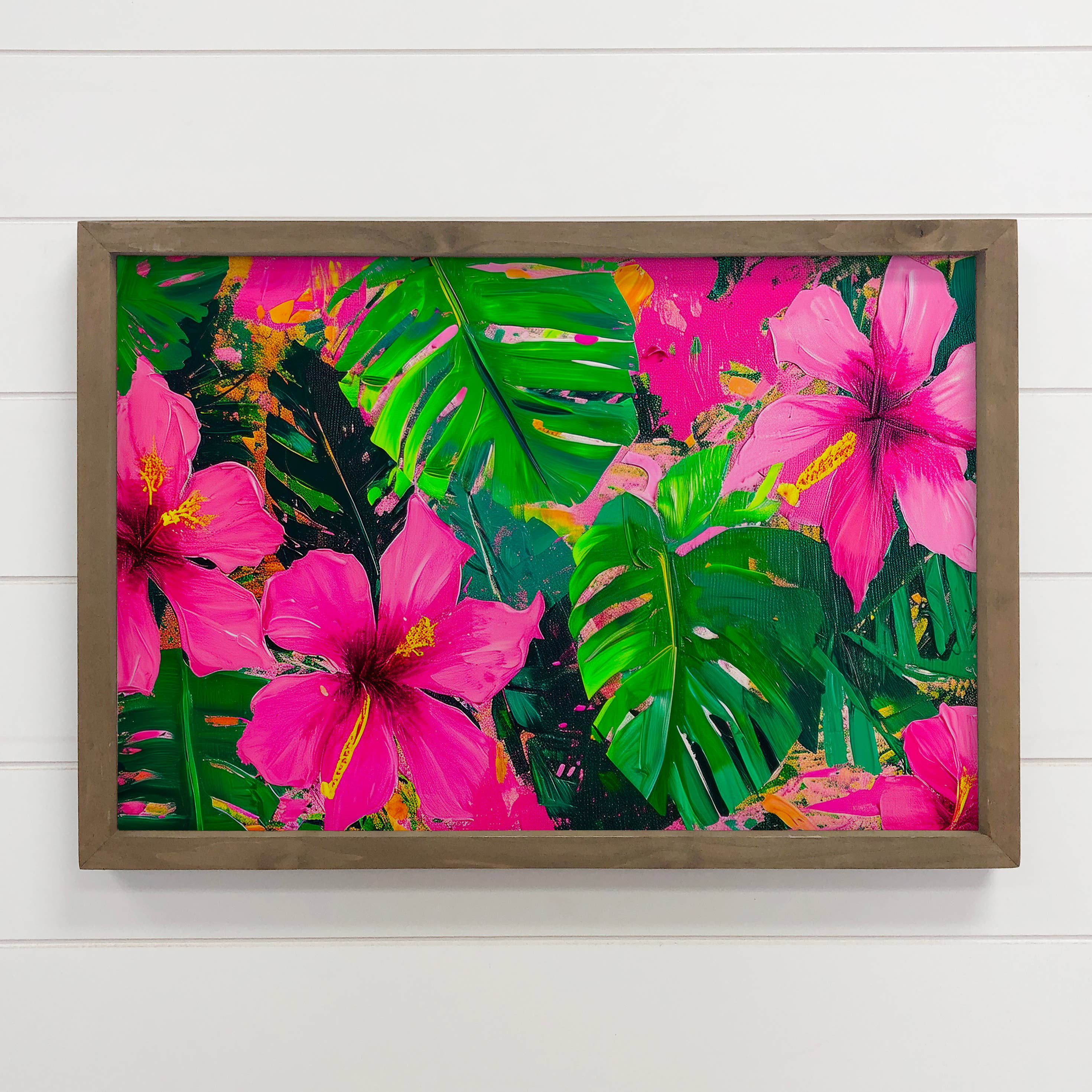 Hibiscus and Monstera - Flower Canvas Art - Wood Framed Art