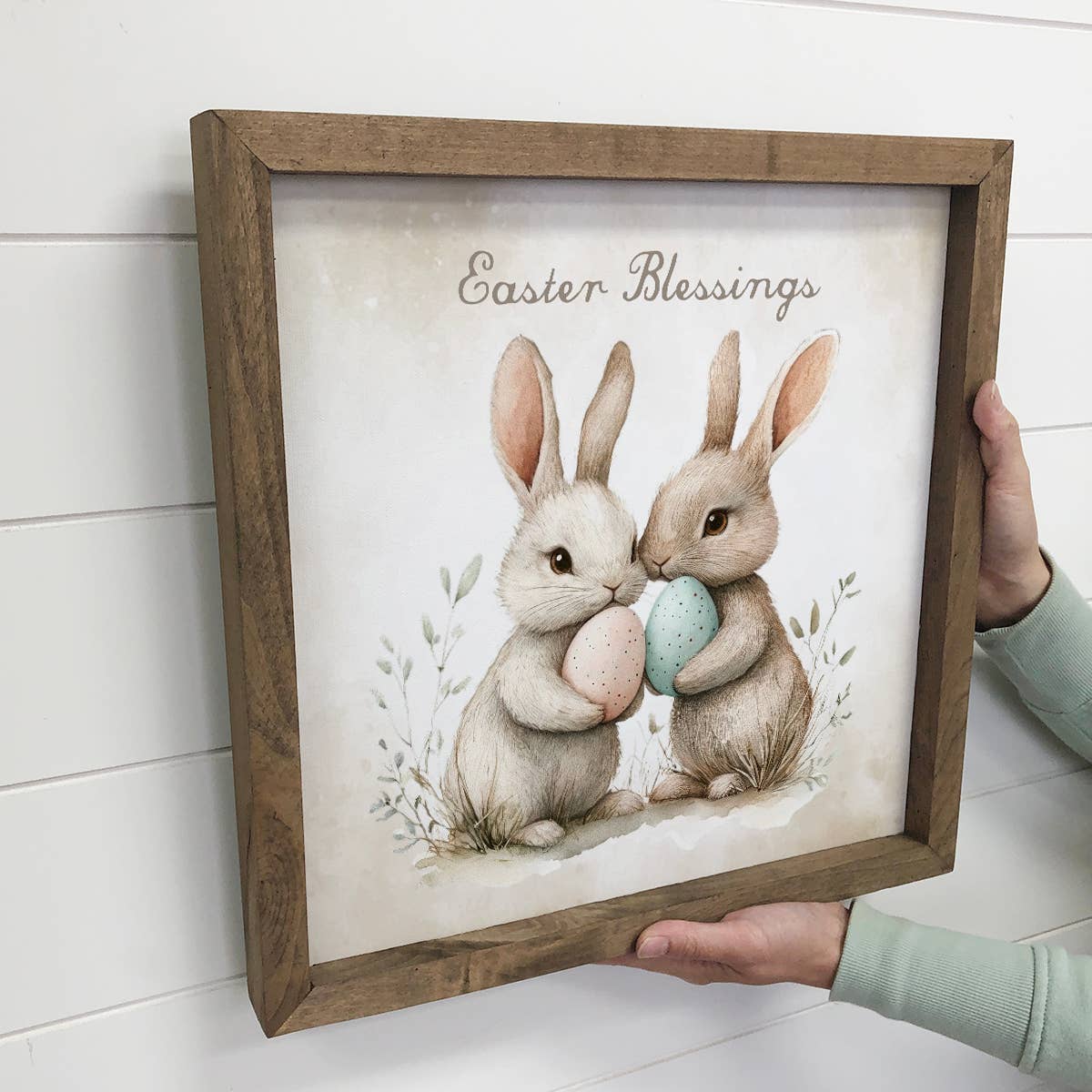 Easter Blessings Two Bunnies - Easter Canvas Art - Framed