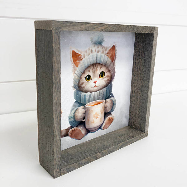 Gray Winter Cat - Cute Holiday Animal - Wood Framed Wall Art