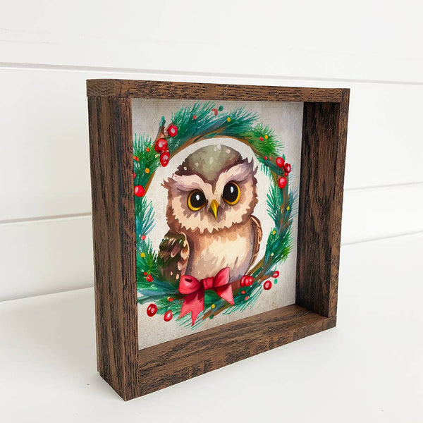 Christmas Wreath Owl - Cute Holiday Animal - Framed Wall Art