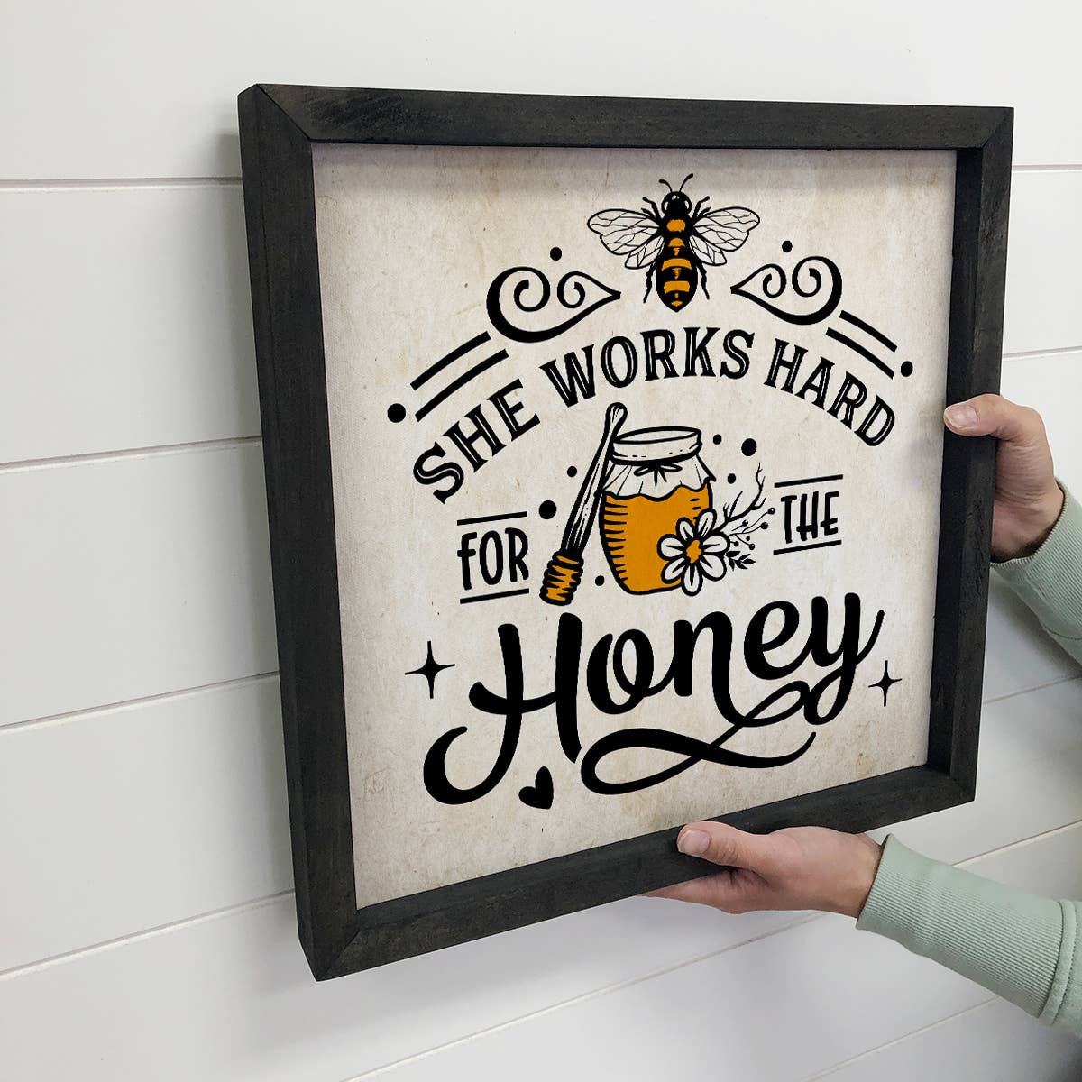 She Works Hard for the Honey - Cute Bee Sign - Canvas Art