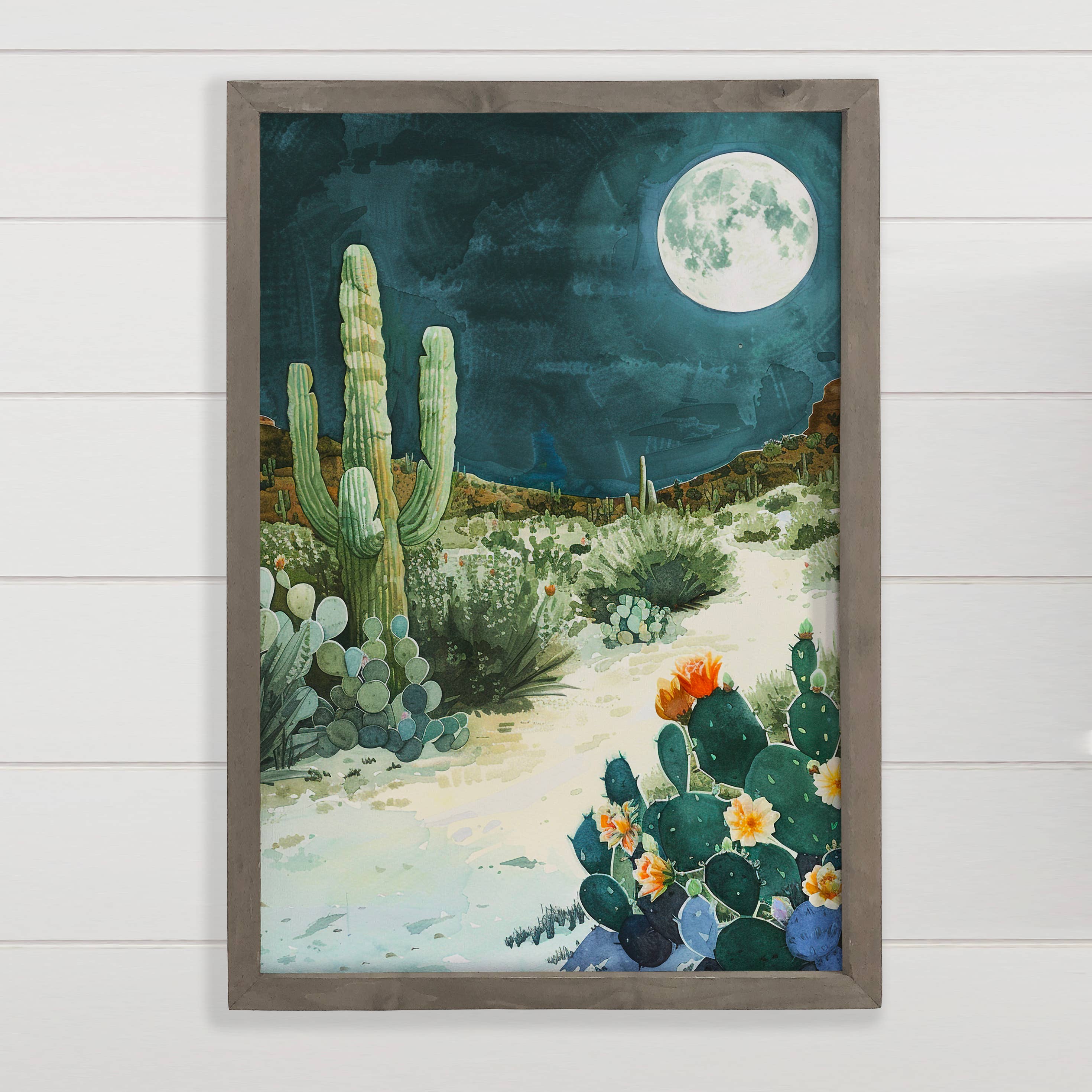 Moonlight Cactus Desert - Desert Canvas Art - Wood Framed