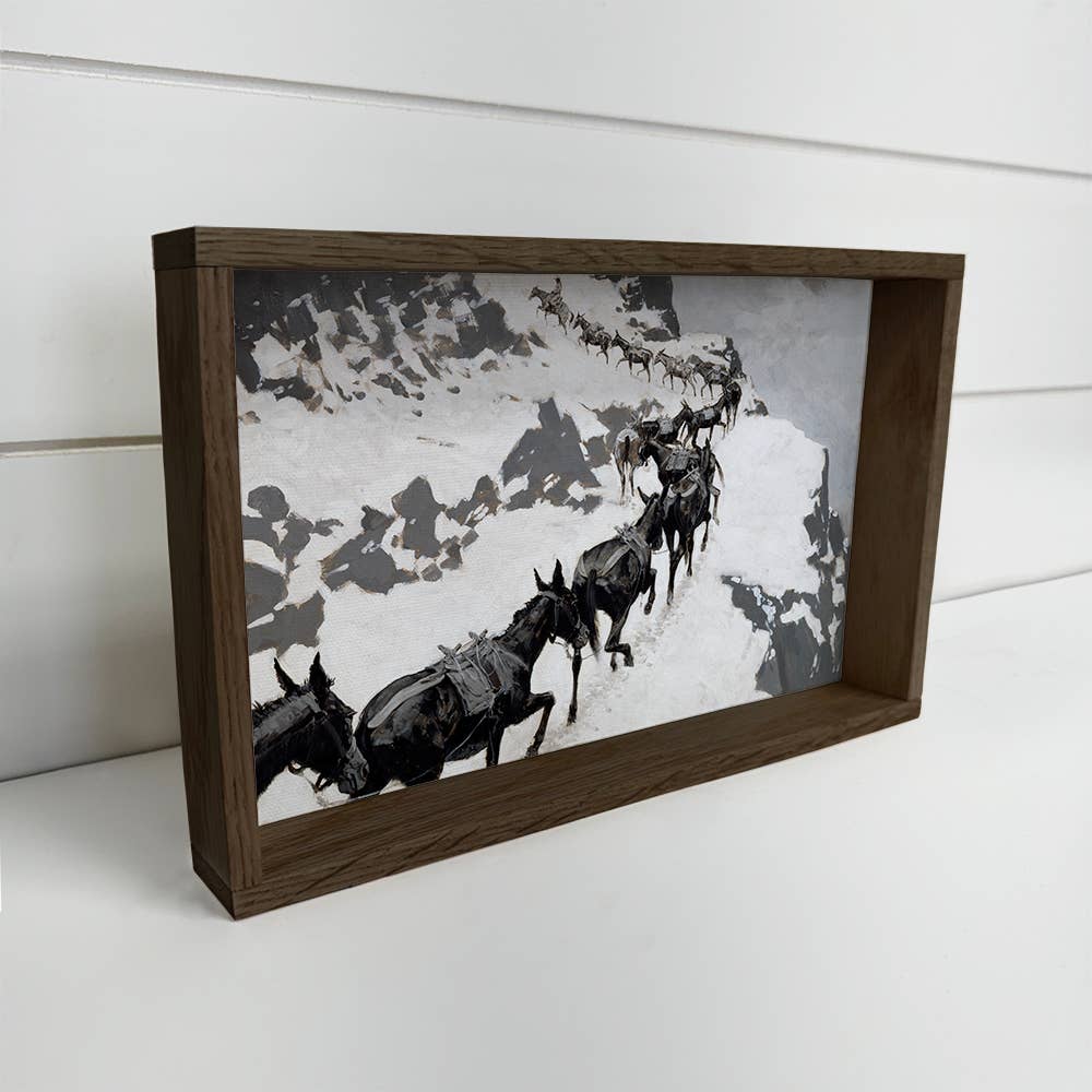 Mule Pack on Snowy Mountain - Cabin Canvas Art - Wood Framed