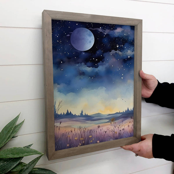 Moonlight Calm Night - Landscape Canvas Art - Wood Framed