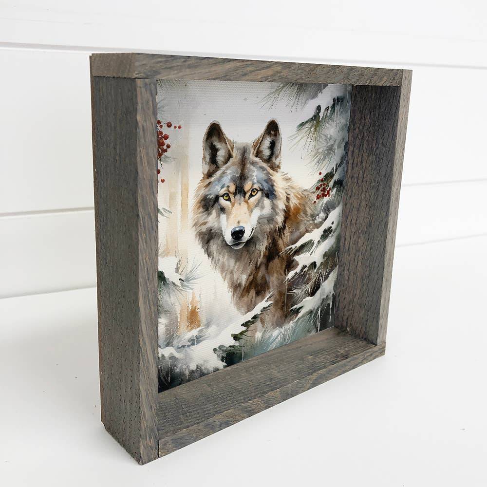 Winter Watercolor Wolf in Pines - Wolf Canvas Art - Framed