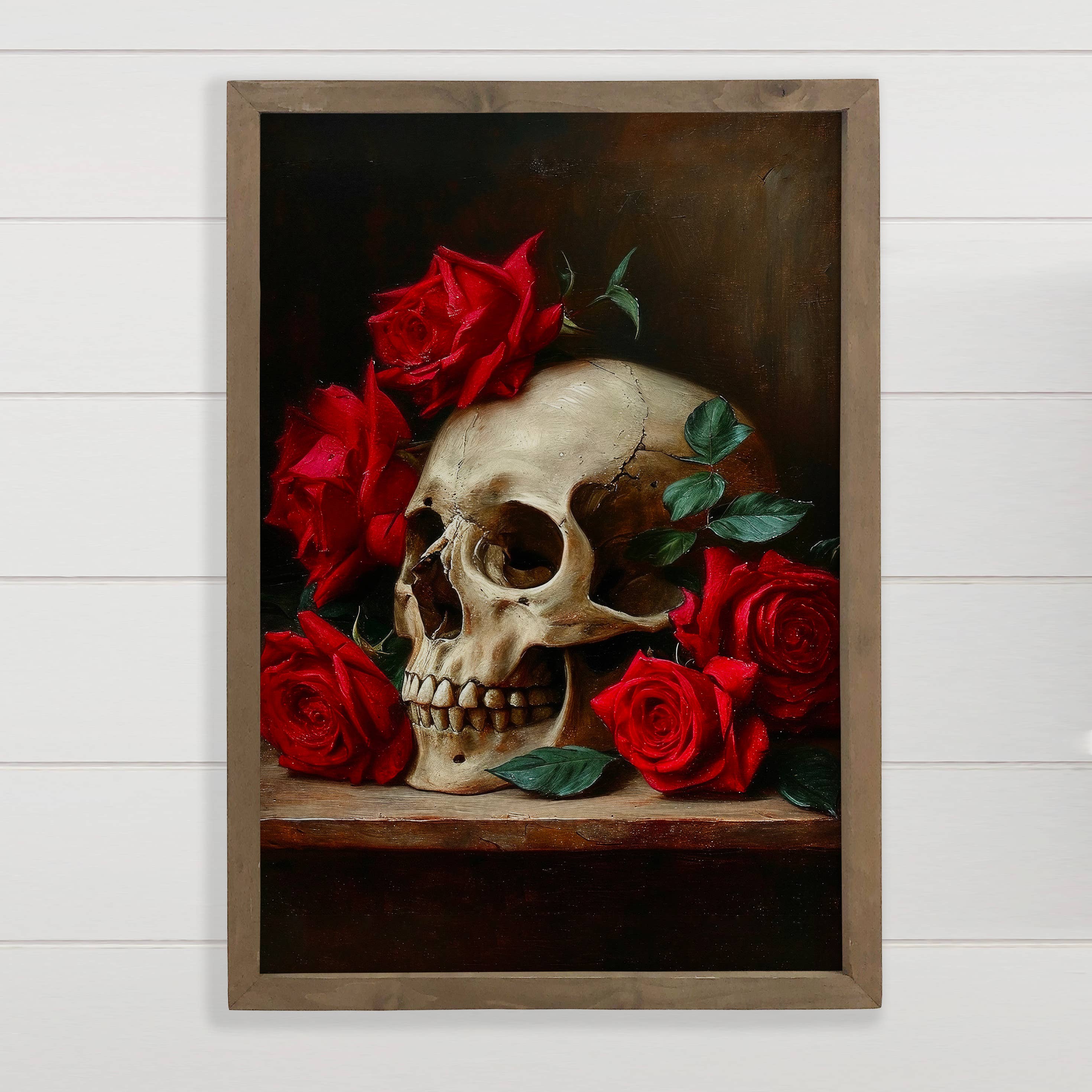 Skull with Red Roses - Skull Canvas Art - Wood Framed Decor