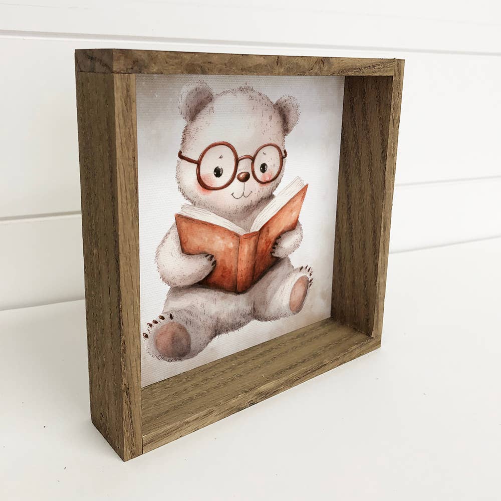 Bear Reading Book - Cute Bear Canvas Art - Wood Framed Art