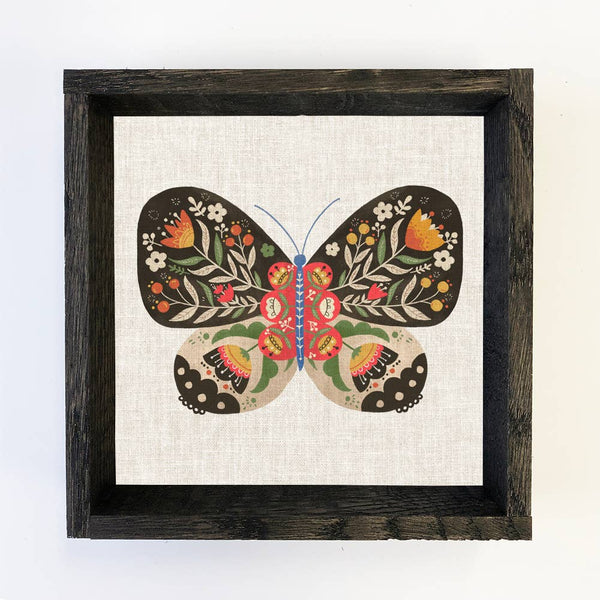 Folksy Butterfly Flowers - Butterfly Canvas Art - Wood Frame