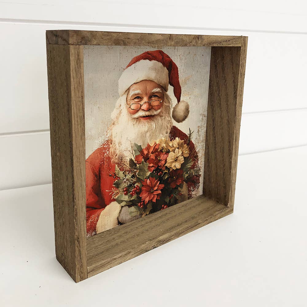 Santa Holding Poinsettias Vintage Print - Santa Canvas Art
