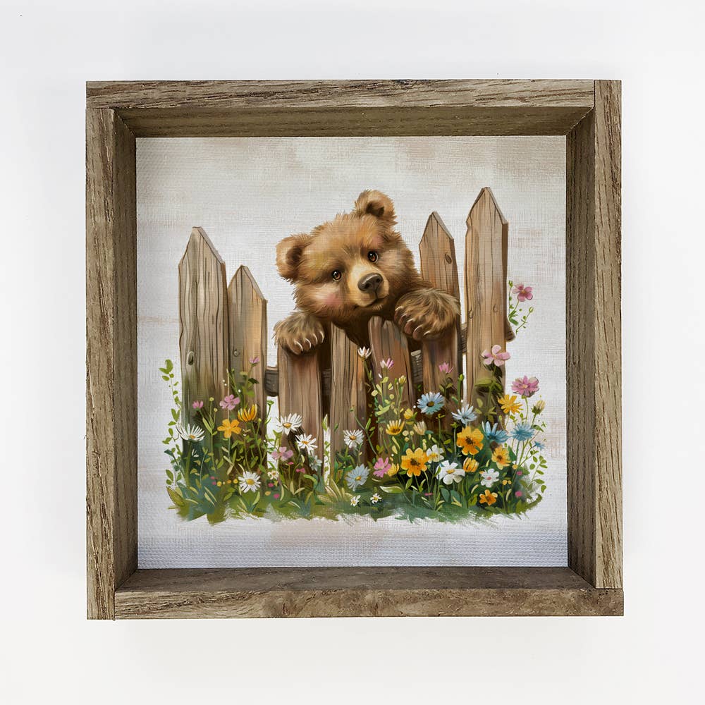 Bear Over Fence with Flowers - Bear Canvas Art - Wood Framed