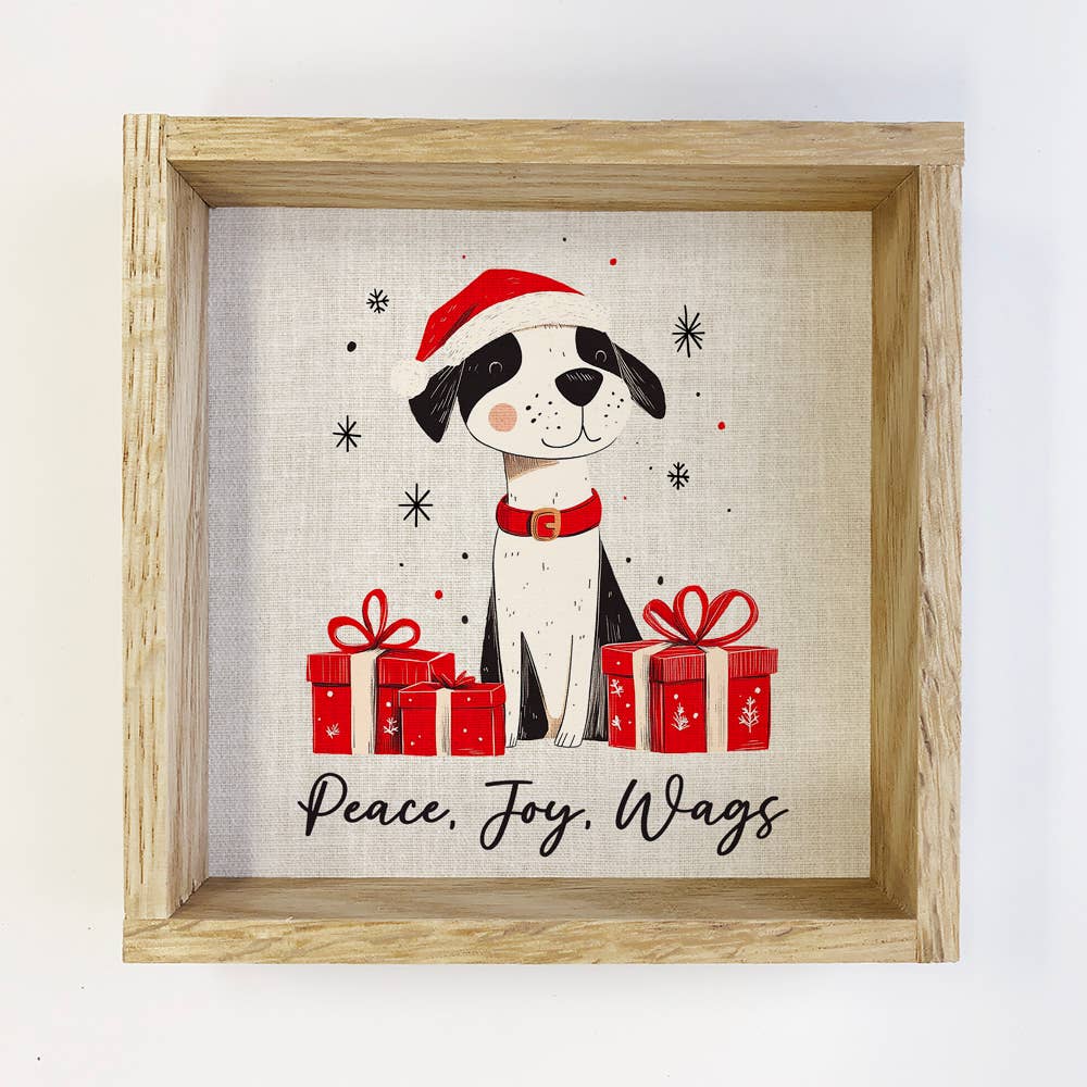 Peace Joy Wags Dog - Christmas Canvas Art - Wood Framed Art