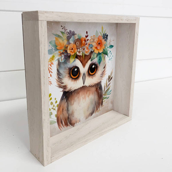 Boho Cute Owl Wall Art - Nursery Canvas Art - Wood Framed