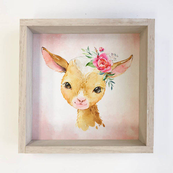 Little Girl Goat Watercolor Small Whitewash Framed Decor