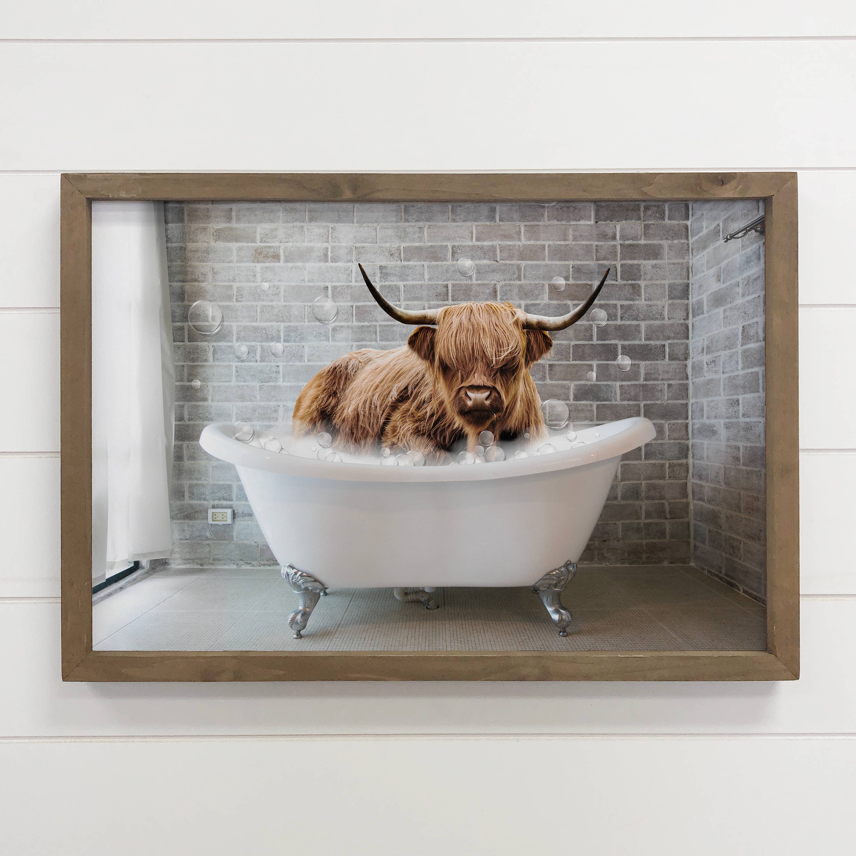 Funny Highland Cow in Bathtub - Wood Sign for Bathroom