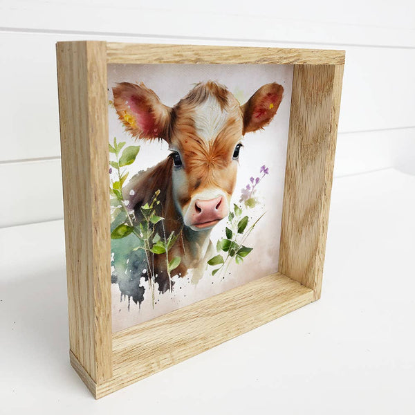 Brown Cow with Flowers - Farmhouse Nursery - Wood Frame