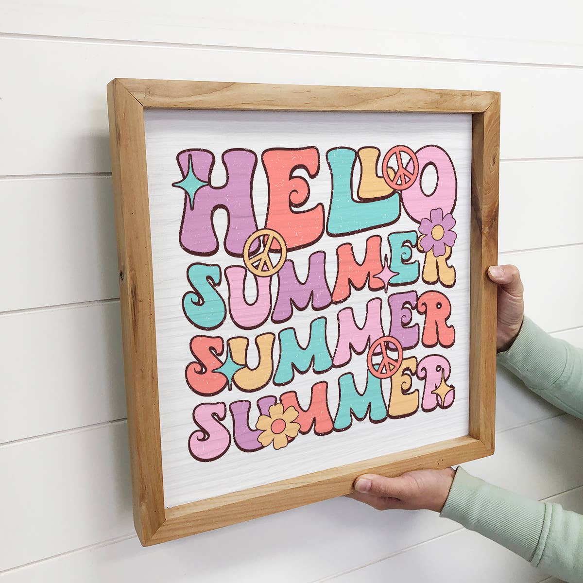 Retro Hello Summer - Summer Word Art - Wood Framed Wall Art