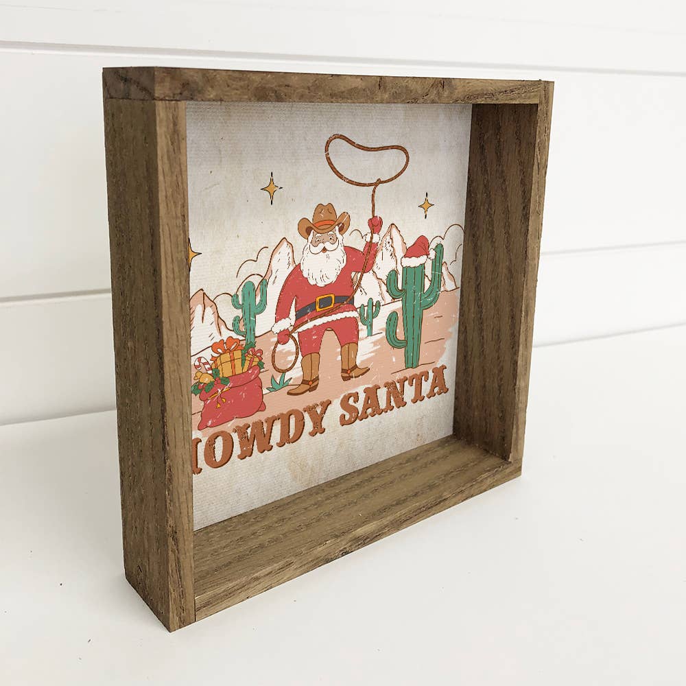 Howdy Santa Lasso - Framed Holiday Sign - Western Santa Sign