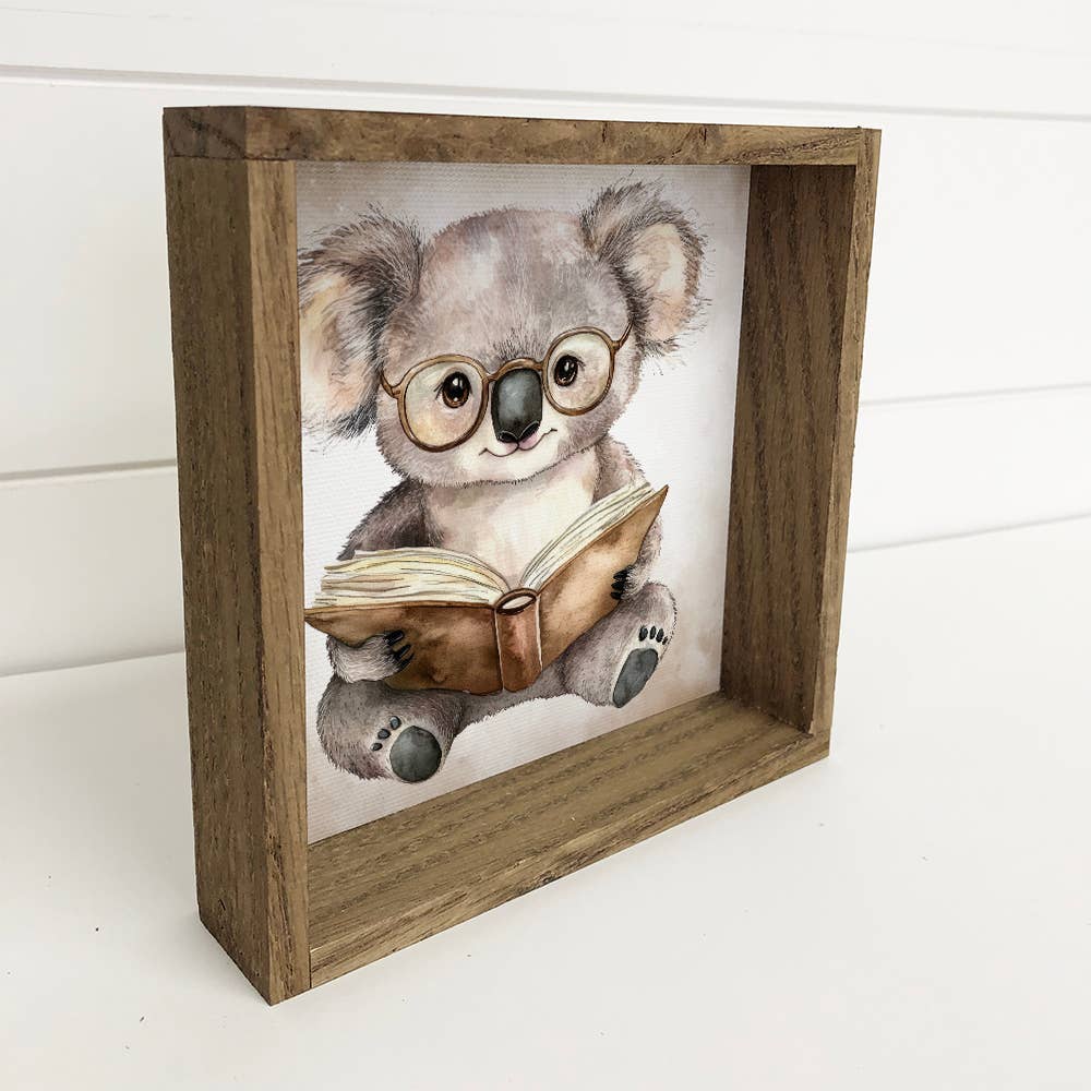 Koala Reading Book - Cute Koala Canvas Art - Wood Framed Art