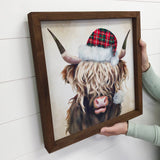 Christmas Sign- Highland Cow Plaid Santa Hat- Christmas SIgn