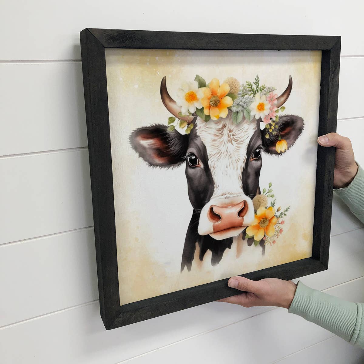 Black White Cow and Yellow Flowers - Animal Spring Time Art