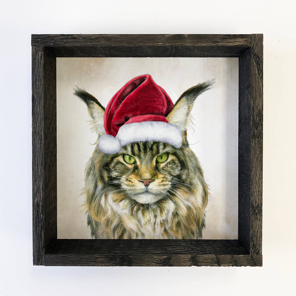 Maine Coone Cat in Santa Hat Christmas Holiday Canvas Sign