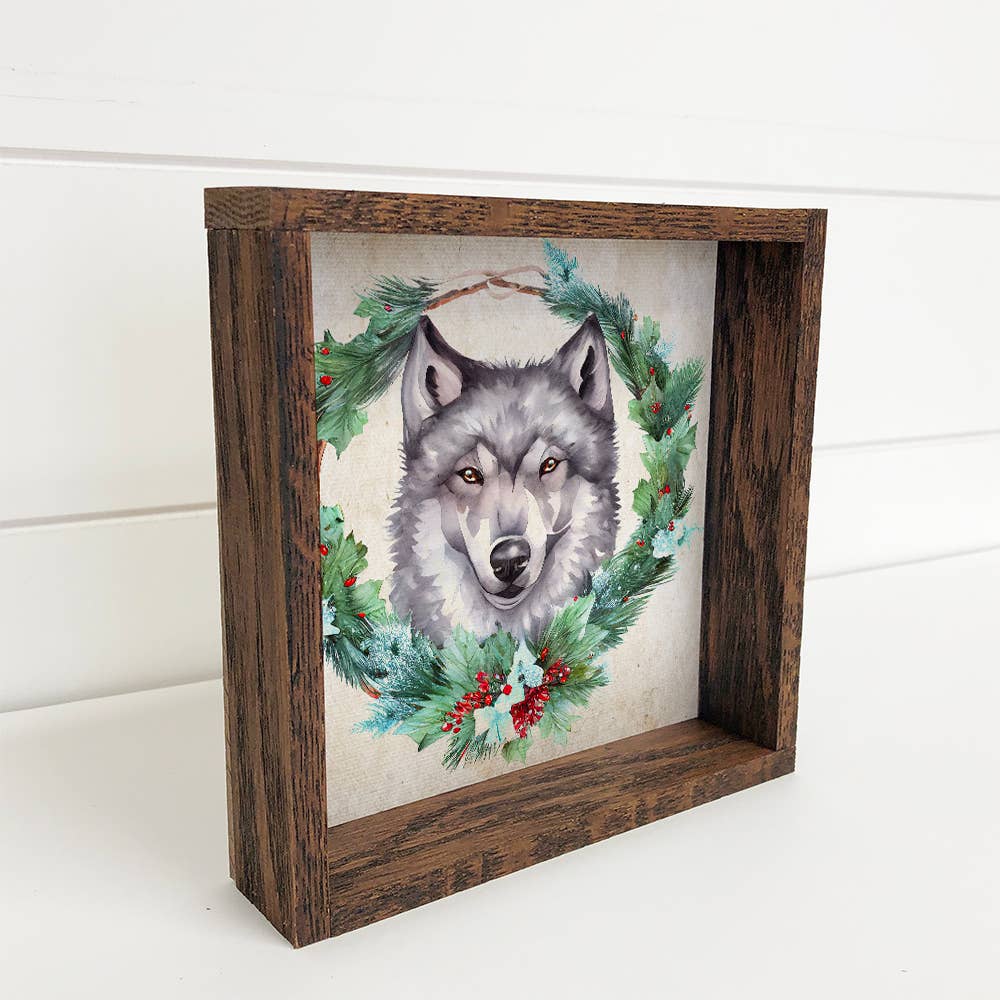 Christmas Wreath Wolf - Cute Holiday Animal - Framed Decor