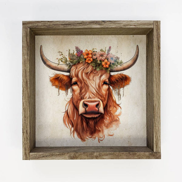 Floral Adorned Highland Cow - Framed Farmhouse Wall Art