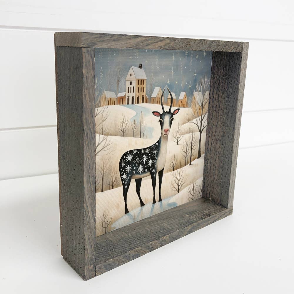 Whimsy Christmas Goat - Christmas Canvas Art - Wood Framed