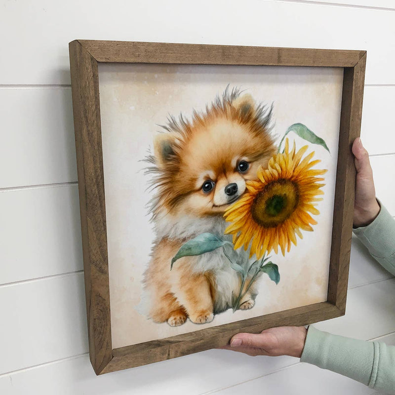 Sunflower Pomeranian - Puppy and Flowers - Fall Flower Art