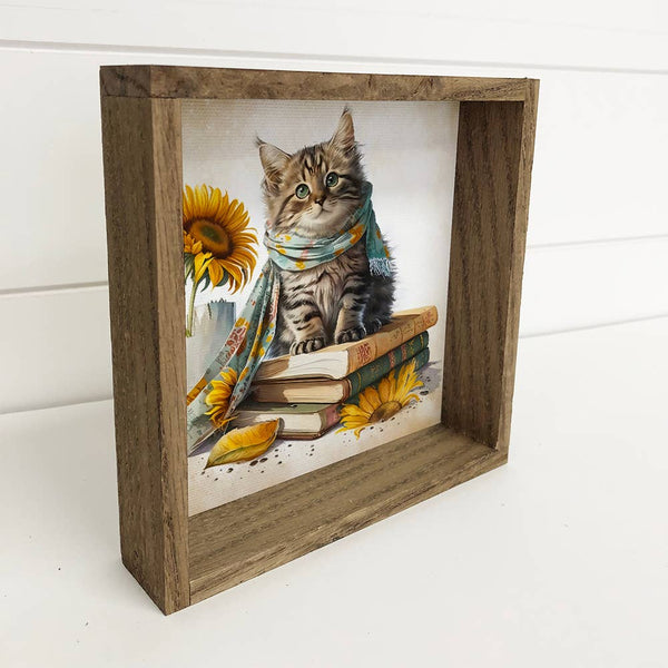 Sunflower Cat Books - Cute Kitty Fall Art - Kitten Library
