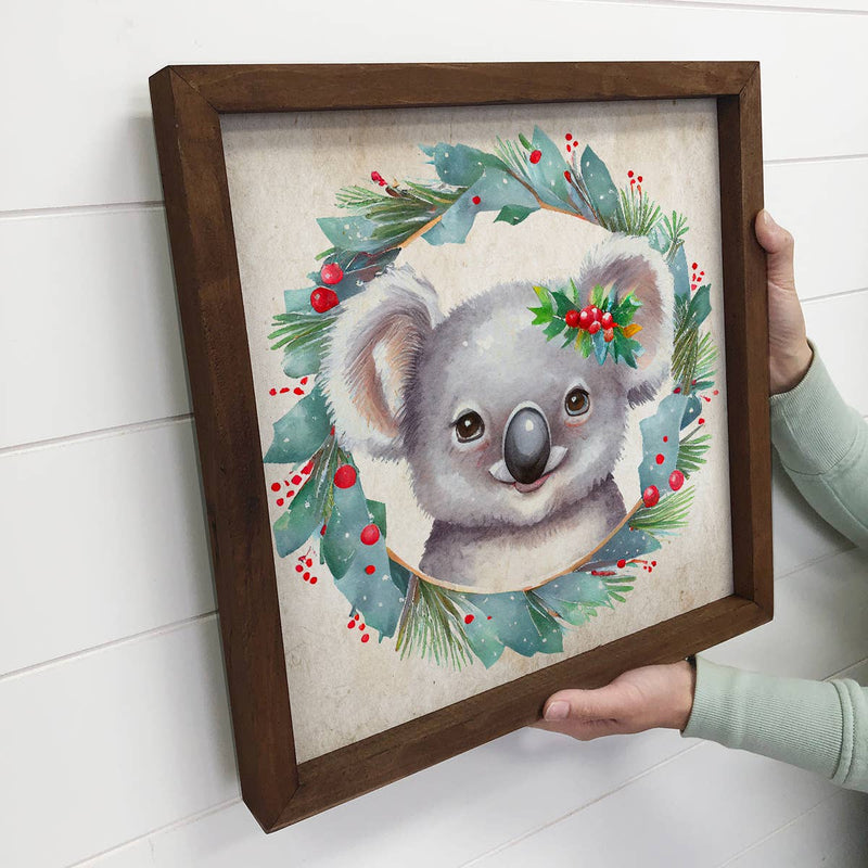 Christmas Wreath Koala - Cute Holiday Animal - Framed Decor